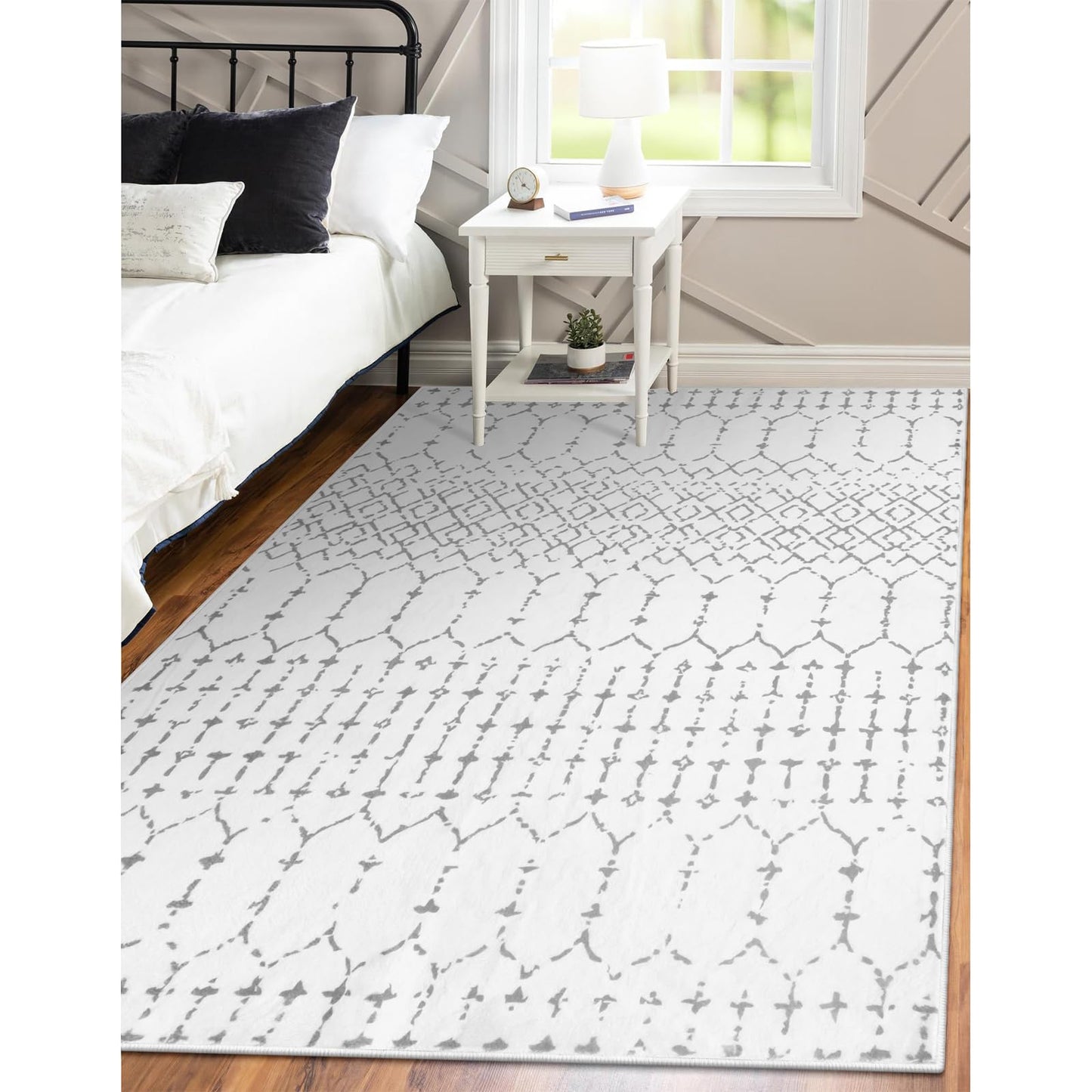 Lahome Moroccan Living Room Area Rug - Washable Rugs 4x6 Non-Slip Soft Throw Rugs for Bedroom White Lightweight Large Rug, Modern Geometric Print Low-Pile Capet for Classroom Office Dining Room Hana