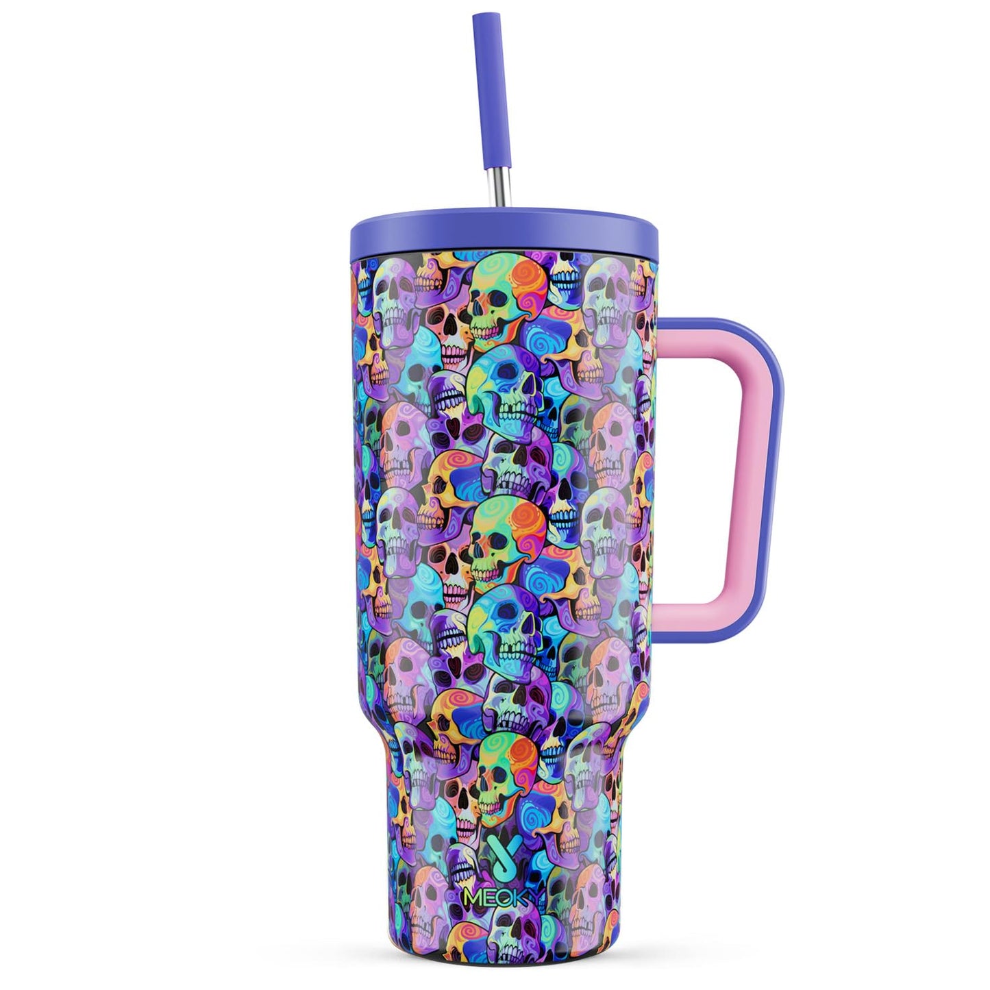 Meoky 40 oz Halloween Tumbler with Handle and Straw, Tumbler with Lid and Straw, Insulated Stainless Steel Travel Mug, 100% Leak-proof, Keeps Cold for 34 Hours or Hot for 10 Hours (Purple Skull)