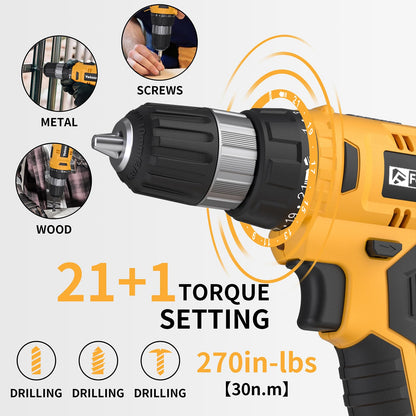 FADAKWALT 20V Cordless Drill Set ，Powerful Drill bit Sets,Torque 30N,21+1 Torque Setting,3/8” inch Keyless Chuck, 40pcs,Electric Drill with 2.0AH Li-Ion Battery and LED Light.