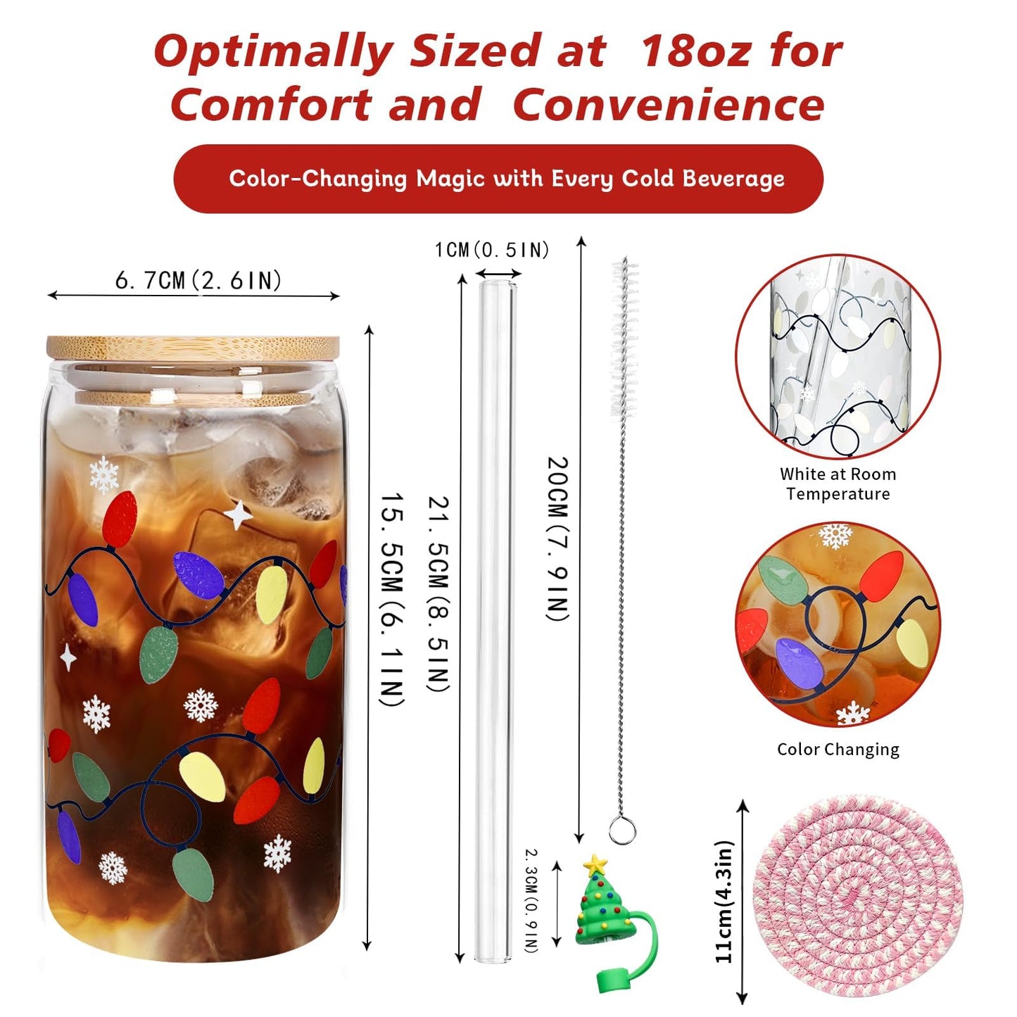 Mason Life Color Changing Christmas Cup, Cute Glass Cups with Lids and Straws, 18oz Iced Coffee Cup, Drinking Glasses Reusable Travel Coffee Mug, Valentines Day, Birthday Gift for Her- 1 Pack