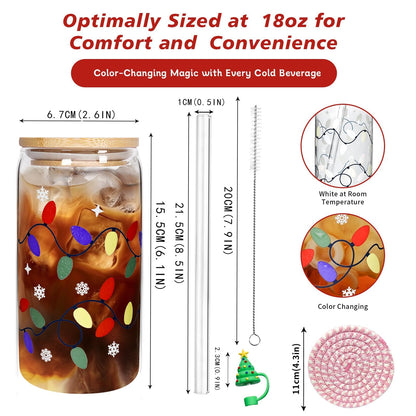 Mason Life Color Changing Christmas Cup, Cute Glass Cups with Lids and Straws, 18oz Iced Coffee Cup, Drinking Glasses Reusable Travel Coffee Mug, Valentines Day, Birthday Gift for Her- 1 Pack