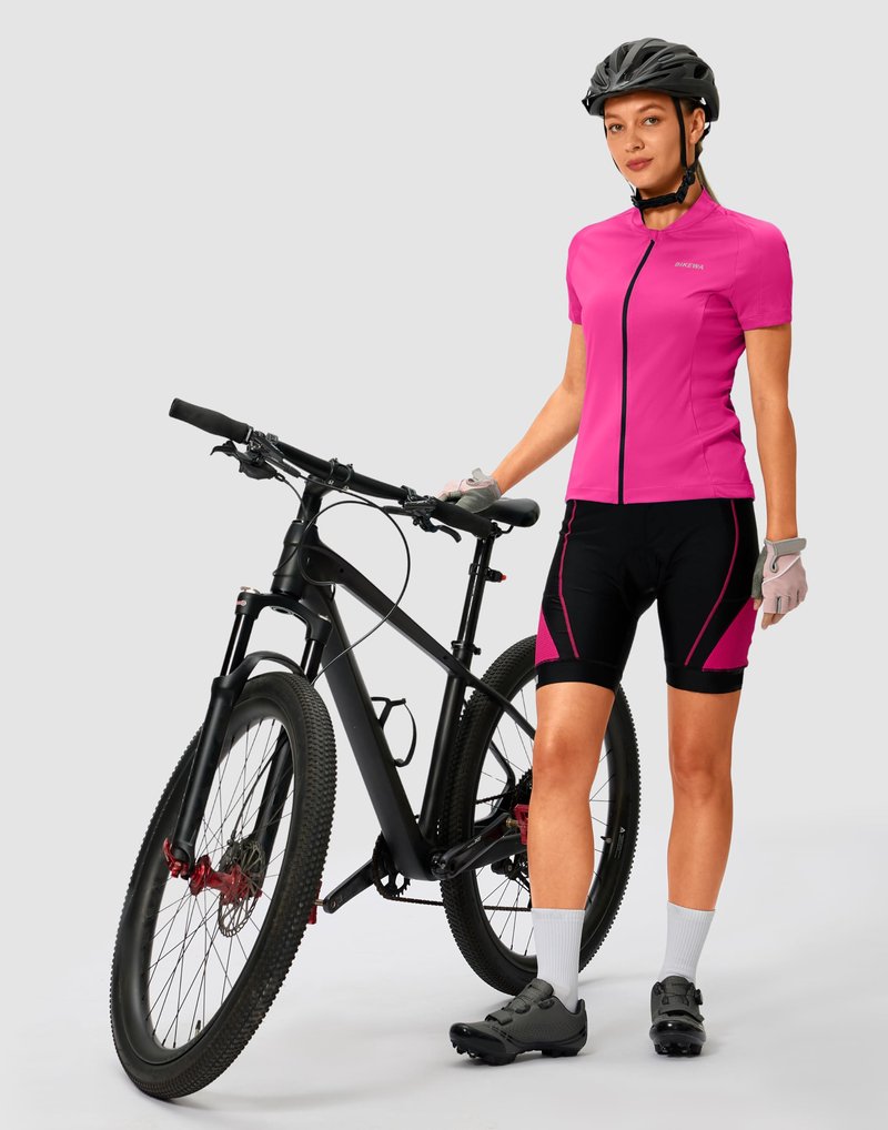 Bikewa Women's Cycling Jersey Short Sleeve Bike Shirts Full Zipper Bicycle Biking Tops with Rear 3+1 Pockets Road Mountain Riding(Rosy,XL)