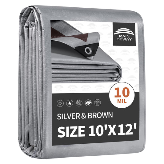 RAINDEWAY 10x12 Feet Tarps Heavy Duty Waterproof,10Mil Thick Multipurpose Poly Tarp Cover with Metal Grommets and Reinforced Edges,Silver/Brown Tarp
