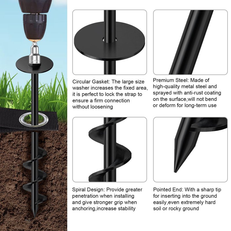 Eurmax USA 4 Pack Universal Ground Anchors High Wind, Heavy Duty Screw-in Trampoline Stakes with 4 Straps, Upgraded Commercial Anchor Kit for Outdoor Sheds, Swing Sets & Mobile Homes (Black)