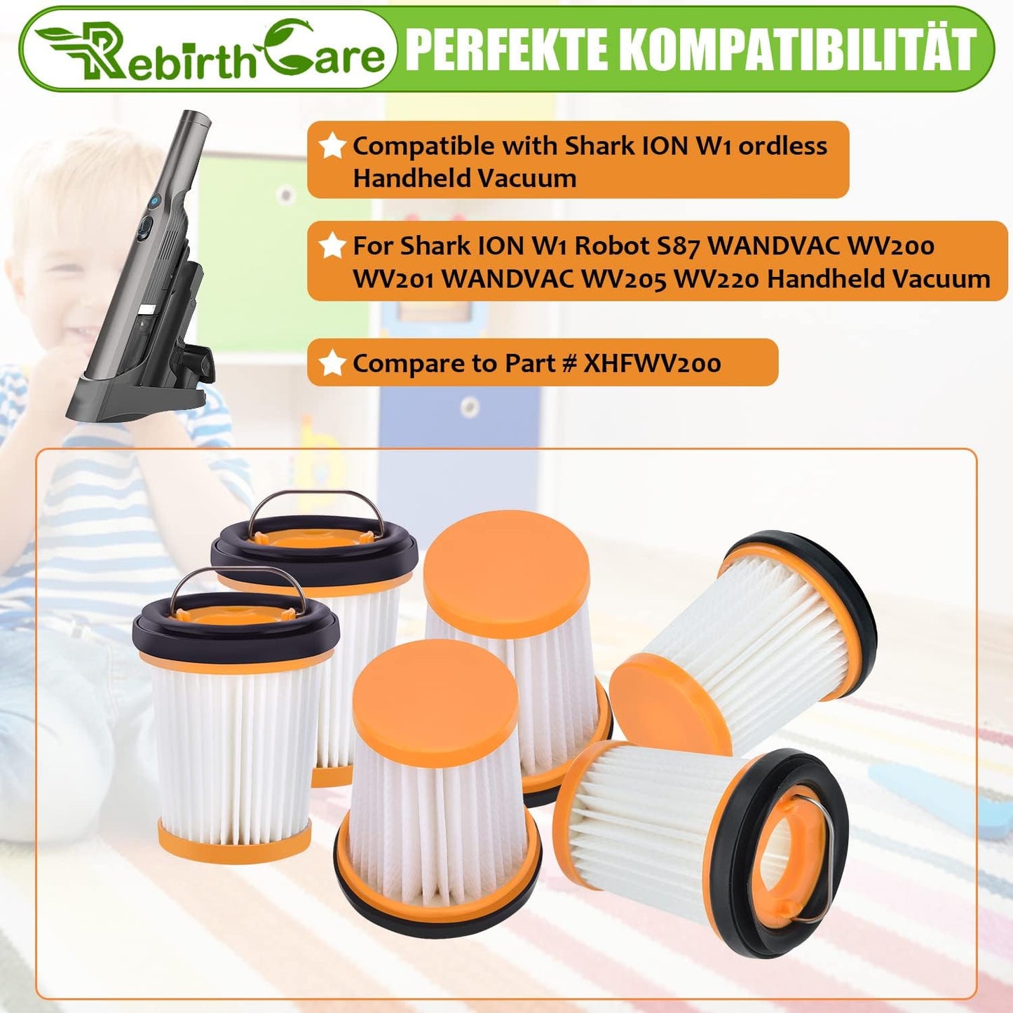 6 Pack WV201 Fiters Replacement for Shark Wandvac ION W1 S87 Handheld Vacuum Filter Replacement WV200, WV201, WV205, WV201BK,WV220, Compare to Part # XHFWV200