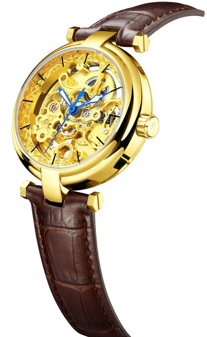 CARLIEN Skeleton Automatic Steampunk Watches Gold-Tone Luminous Hands Leather Strap Wrist-Watch (Gold)
