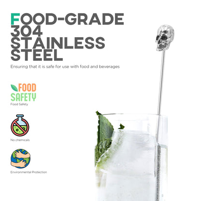 Homestia Coffee Stick Stainless Steel Swizzle Stick Reusable Metal Stir Sticks Cocktail Coffee Drink Stirrer Spoon Beverage Cocktail Stirrers Stir with Skull (7.5'' Long, Set of 6)