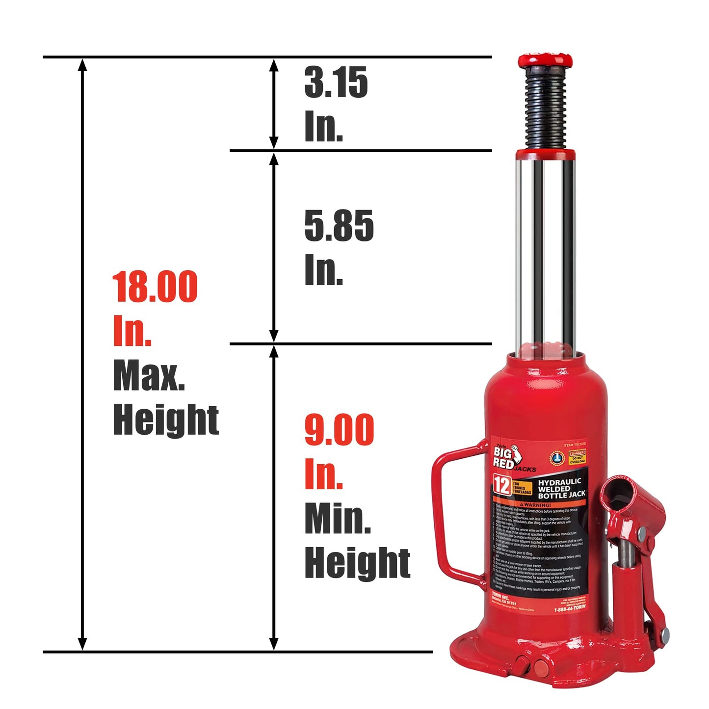 BIG RED T91203B Torin Hydraulic Welded Bottle Jack, 12 Ton (24,000 lb) Capacity, Red