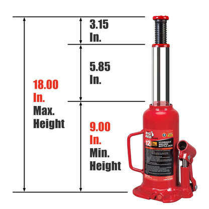 BIG RED T91203B Torin Hydraulic Welded Bottle Jack, 12 Ton (24,000 lb) Capacity, Red