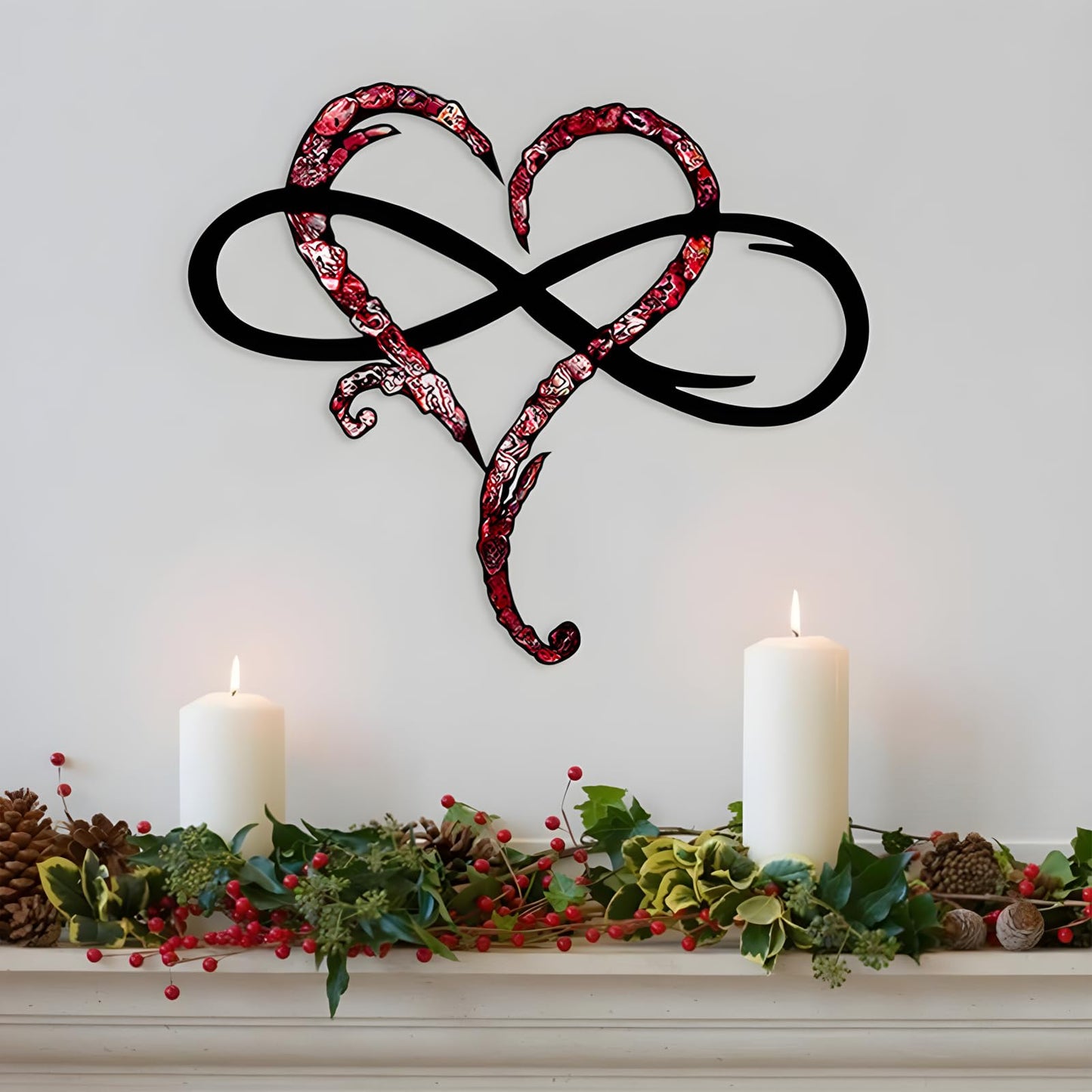 Infinity Heart Wall Decor, Unique Infinity Heart Metal Wall Art Decor Love Sign Steel Wall Plaques Bedroom Ornaments for Home Wedding Decor, Room Living Room Decoration (Red Black, 23.6x20.6inch)