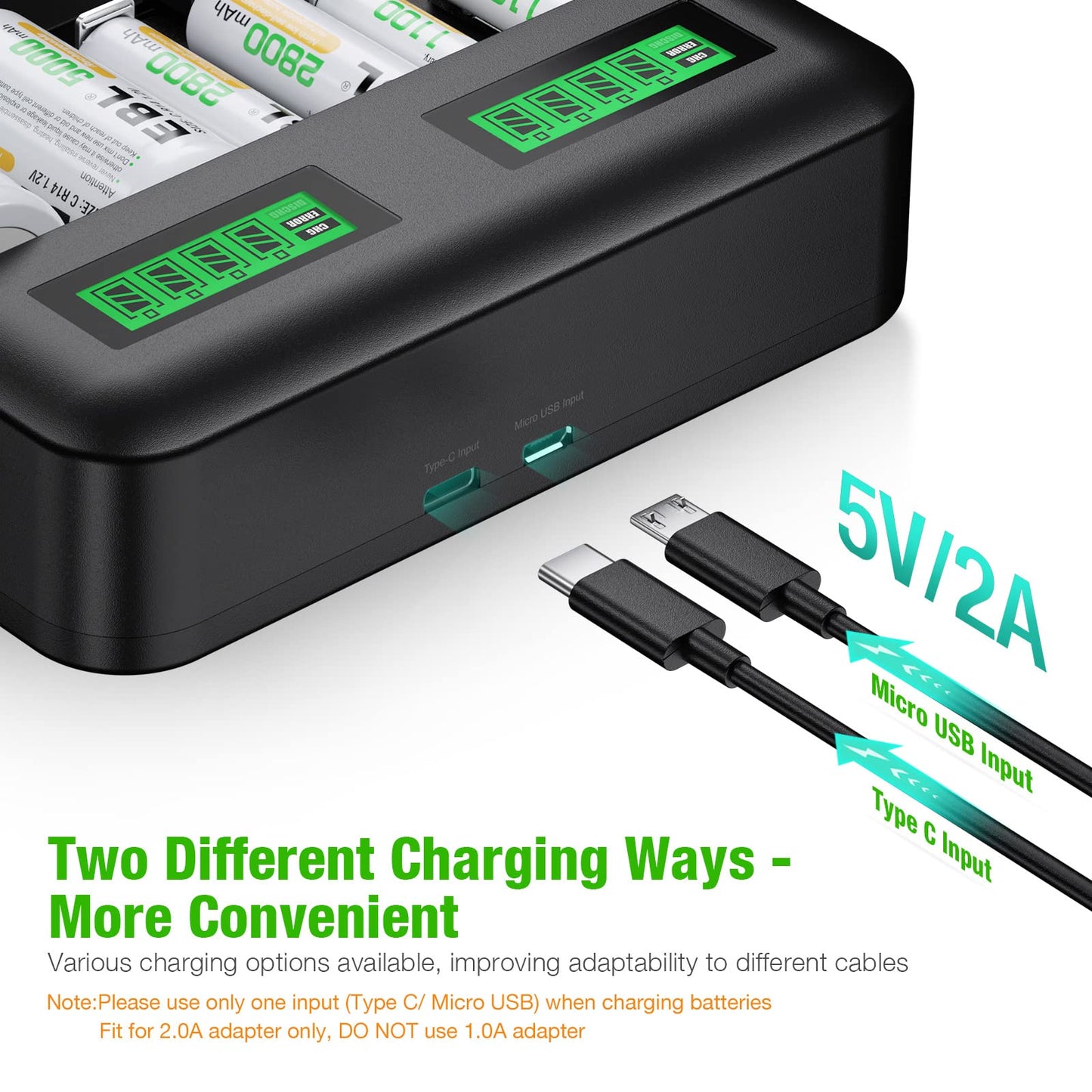 EBL Rechargeable C Batteries (4 Pack) and LCD Smart Battery Charger for Ni-MH AA AAA C D Rechargeable Batteries