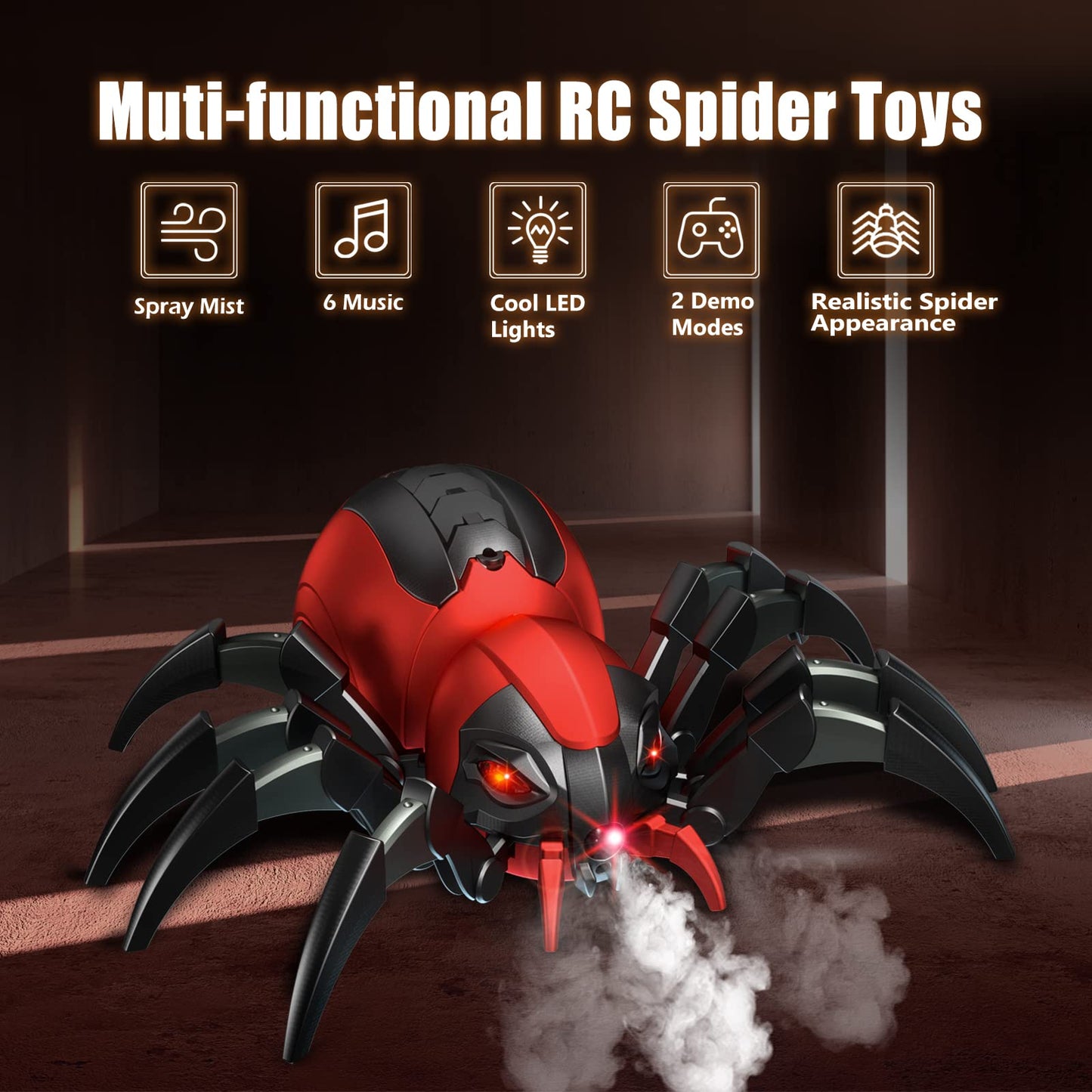sumsync Remote Control Spider Kids Toys - Realistic RC Spider, Music Effect, LED Light, Toys for 3 4 5 6 7 8 9 10 11 12+ Year Old Boys/Girls, Gifts for Halloween Christmas Easter Birthday, Red