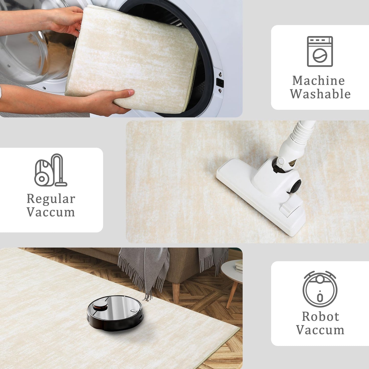 Garvee Modern Solid Rugs for Living Room 8x10 Washable Rug Large Non Slip Low Pile Foldable Carpet Ultra Soft Non-Shedding Stain-Resistant Floor Mat for Bedroom Playroom Nursery Office Dorm Cream