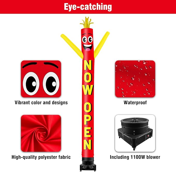 20FT Tall Inflatable Tube Man Now Open Wacky Wavy Dancing Guy with 1.5 HP Weather-Resistant Blower (18''Diameter) for Outdoor Decoration Advertising Business Promotion