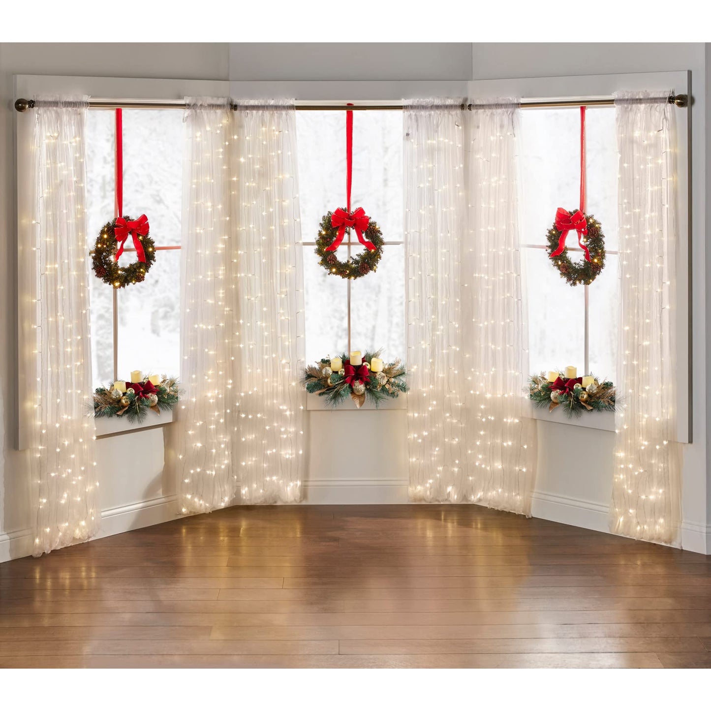 BrylaneHome Set of 3 Pre-Lit 16 inch Christmas Wreaths with 20 Warm Lights & Timer Function, Pre-Decorated, Cordless, No Outlet Required - Poinsettia