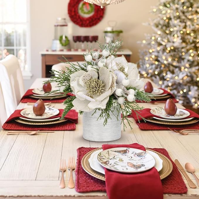 DILATATA 12 inch White Christmas Table Centerpiece with 5" Glitter Magnolia Flower and White Berries Fir Greenery Artificial Floral Centerpiece