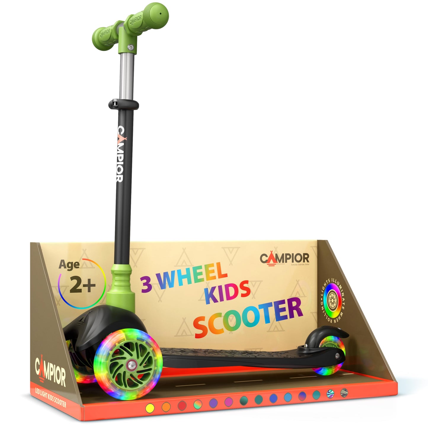 Black & Green Mini 3 Wheel Scooter for Kids – Lean-to-Steer with LED Light-Up Wheels, Adjustable Handlebar, Wide Anti-Slip Deck, Smooth PU Wheels, Rear Foot Brake – Toddler Scooter for Ages 2+