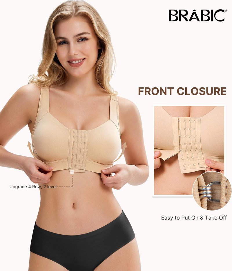BRABIC Front Closure Post Surgery Compression Bras for Women Mastectomy Bra with Adjustable Straps Wirefree Beige