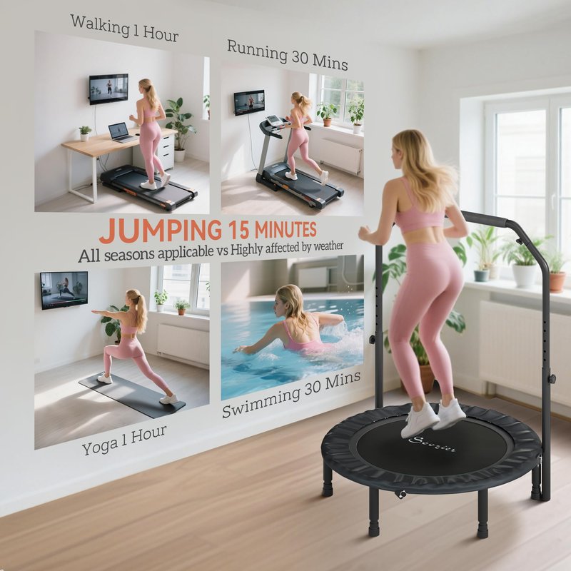 Soozier 40" Foldable Mini Trampoline, Rebounder Trampoline for Adults with Adjustable Foam Handle and Resistance Bands, Fitness Rebounder for Indoor Outdoor Workout, Max Load 330 lbs, Black