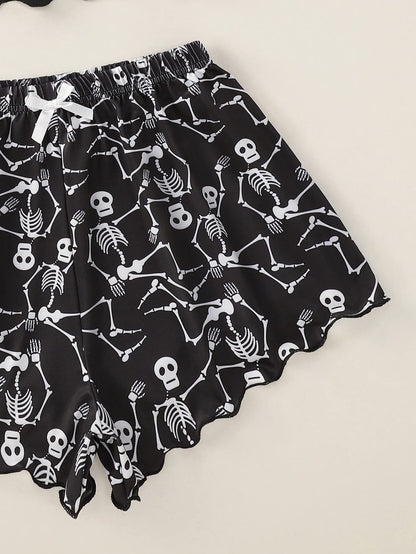 WDIRARA Women's Plus Size Sleepwear Cute Cartoon Print Scalloped Tank Top and Shorts Pajama Set Black and White 1XL