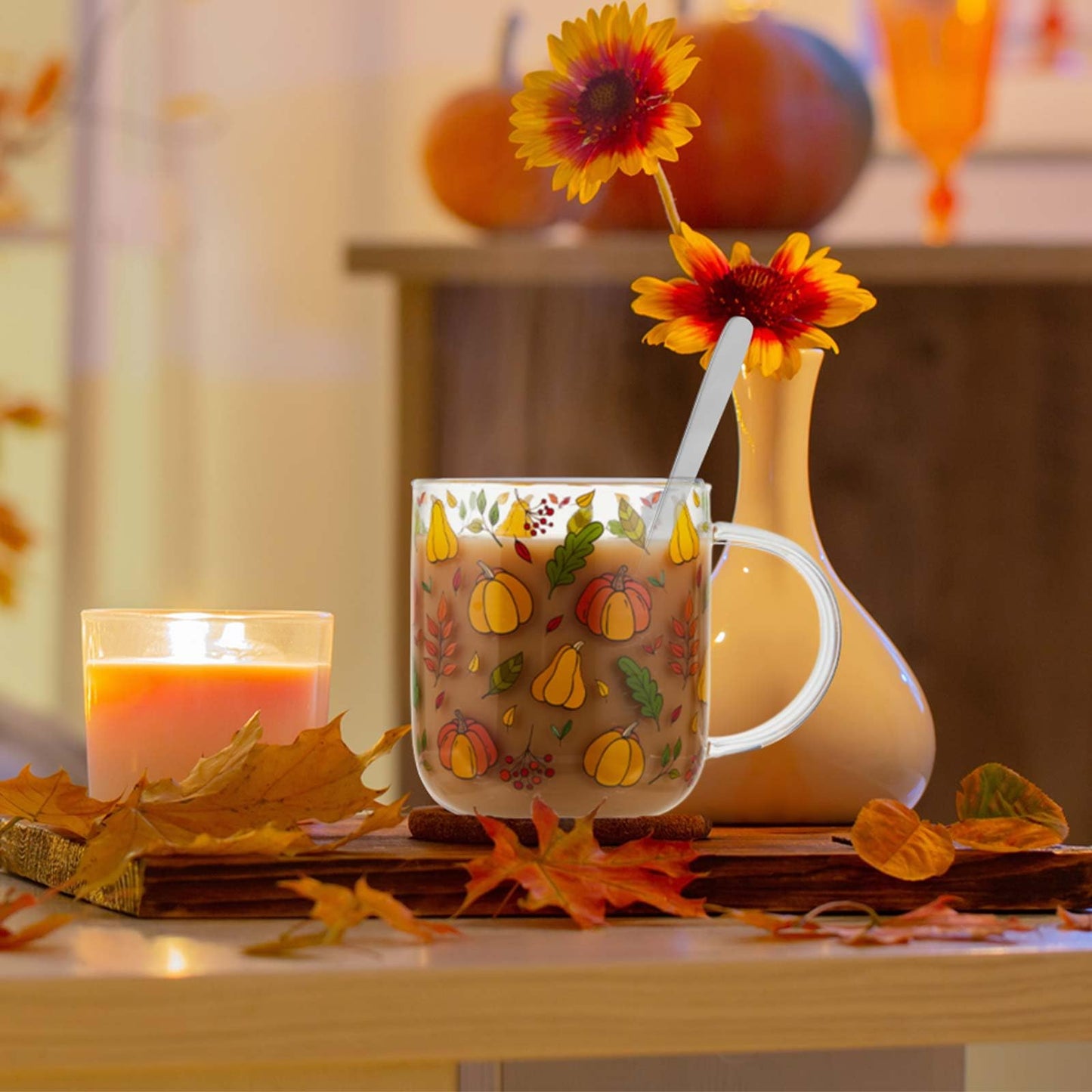 CHENGU Pumpkin Mug with Handle, 15 oz Clear Pumpkin Glass Cup Gift Fall Cup with Stainless Steel Spoon for Coffee Tea Milk Stuff Decor for Christmas Thanksgiving