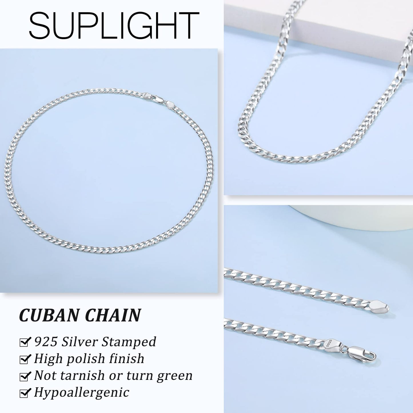 Suplight 925 Sterling Silver Cuban Chains Necklace for Men 5mm Flat Solid Mens Necklaces 20 Inch Men's Silver Chain Gift for Son Husband Father