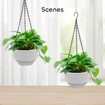 GROWNEER Plastic Hanging Planter 2 Packs 8 Inch Self Watering Pots Plants Hanger Baskets with 6 Pcs Hooks, Flower Pot with Detachable Base for Garden Indoor Outdoor (Grey)
