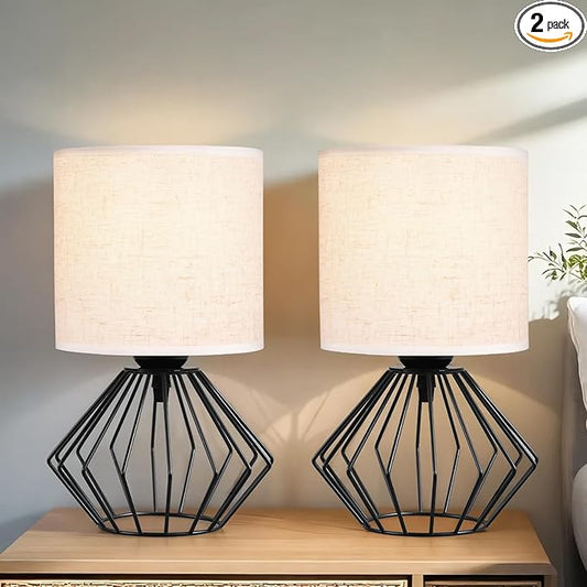 Hamilyeah Bedside Lamps Set of 2, Black Table Lamps with Beige Linen Fabric Shade, Industrial Lamps for Night Stands with On/Off Switch, Modern Simple Desk Lamps for Bedroom, Living Room