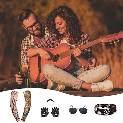 7 Pcs Rocker Costume Men's Wigs Black Curls Disco Costume Men's Party Costume Men with Wigs Sunglasses Beards Sleeves Gloves Headscarves for 70s 80s 90s, Medium