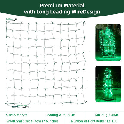 Led Net Lights Christmas Lights Outdoor Green Christmas Net Lighting with 121Led Mini Globe Light 5ftx5ft, Outdoor Indoor Fairy Mesh Net Lighting for Christmas Trees, Bushes, Shrubs Decorations
