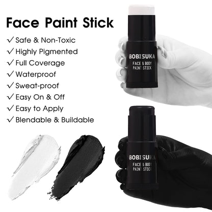 BOBISUKA Black White Face Paint Stick with Setting Powder Set, Eye Black Sticks for Sports, Body Paints for Clown Skeleton Vampire Skull Cosplay Special Effects Costume SFX Halloween Makeup Kit