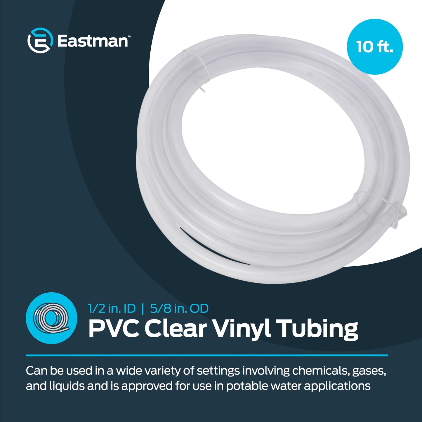 Eastman 1/2 Inch ID (5/8 Inch OD) PVC Clear Vinyl Tubing, 10 Foot Length, 98568