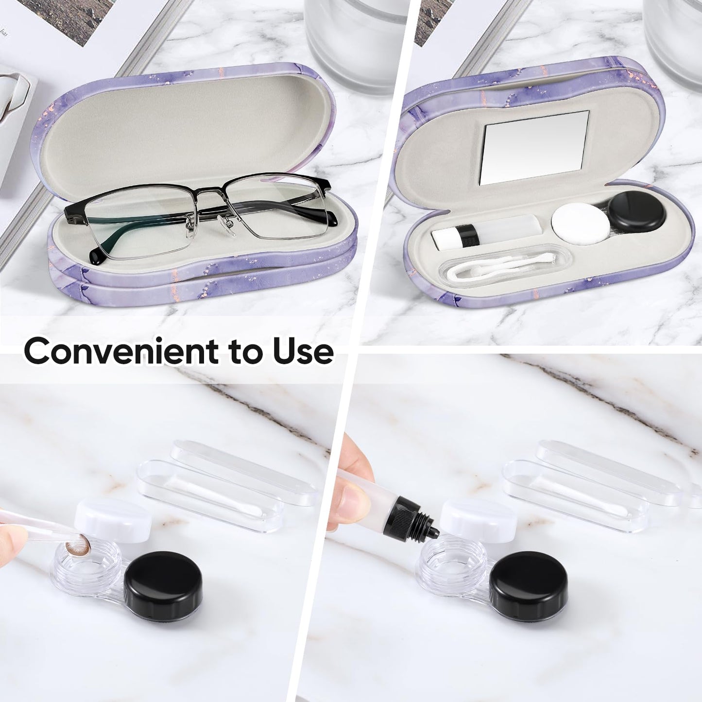 Fintie 2 in 1 Contact Lens Case and Eyeglasses Case, Double Sided Portable Eyeglasses Travel Holder with Built-in Mirror, Tweezer and Contact Lens Solution Bottle Included, Lilac Marble