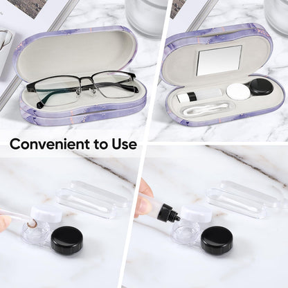Fintie 2 in 1 Contact Lens Case and Eyeglasses Case, Double Sided Portable Eyeglasses Travel Holder with Built-in Mirror, Tweezer and Contact Lens Solution Bottle Included, Lilac Marble