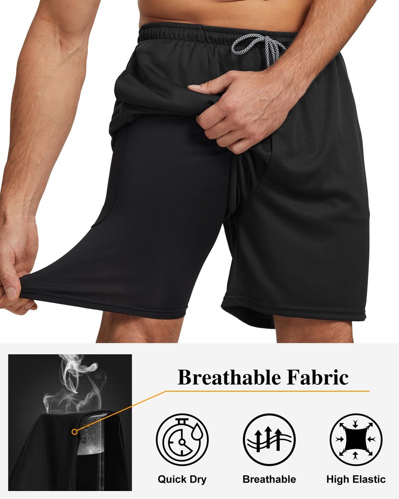 HOPLYNN 5 Pack Mens 2 in 1 Running Shorts with Liner, Quick Dry Workout Training Gym Athletic Sport Shorts with Pockets 2 Black 2 Gray 1 Blue Large