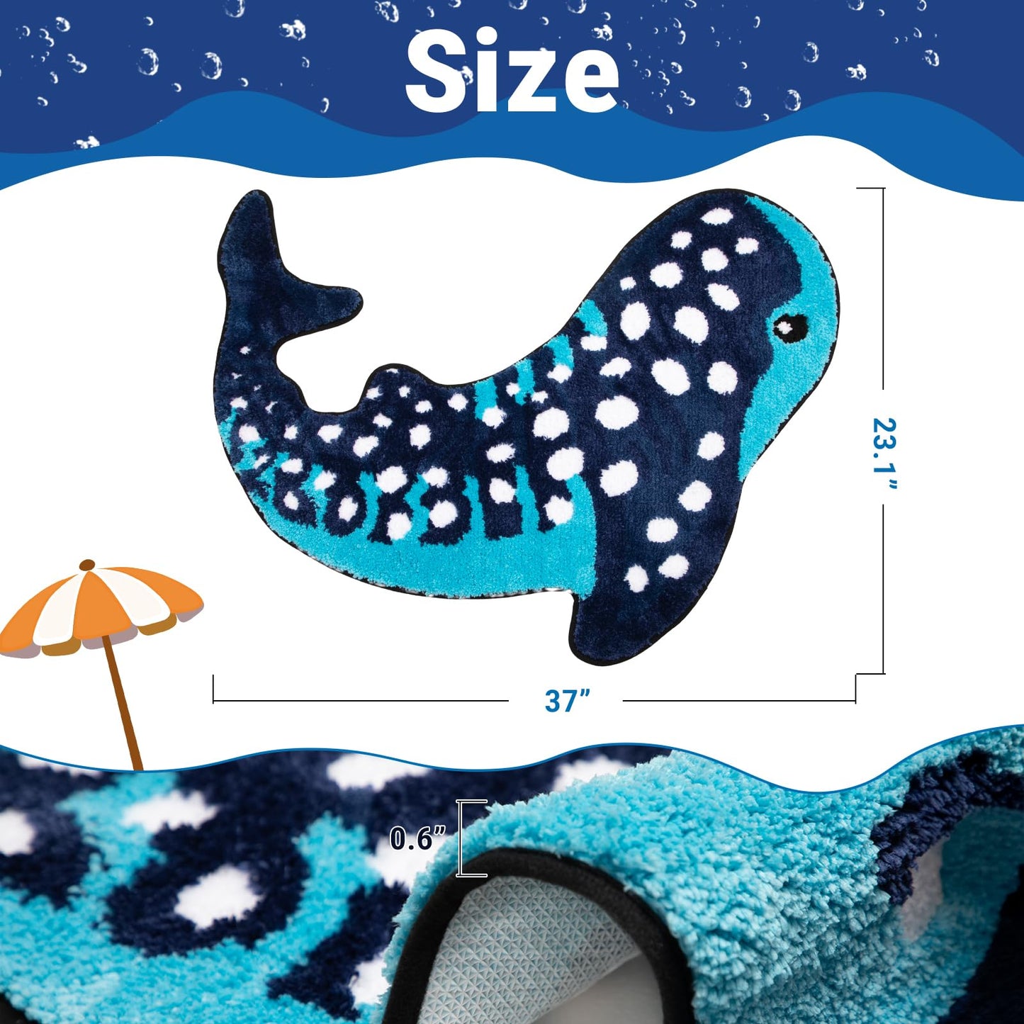 Percozzi Whale Shark Bathroom Rug 35"*28", Handmade Funny Tufted Ocean Animal Bath Mat with Non-Slip TPR Backing Beach Soft Plush Absorbent Blue Whale Shark Bath for Coastal & Marine Lovers