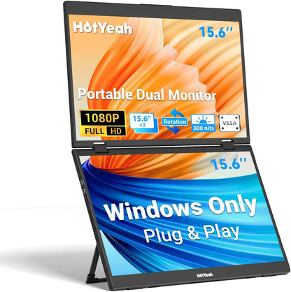 HotYeah Triple Laptop Screen Extender, 15.6" 1080P FHD IPS Folding Stacked Portable Dual Monitor, USB C Travel Extended Computer Display w/VESA, 180°Rotation, Plug & Play for Laptops (Windows Only)