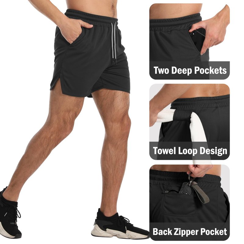 Aolesy Men's 2 Pack Gym Workout Shorts 5 Inch Lightweight Bodybuilding Athletic Shorts Running Training with Zipper Pockets & Towel Loop