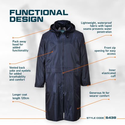 Portwest S438 Classic Waterproof Long Rain Coat with Hood - Lightweight Breathable Hiking Outdoor Mac Jacket, Navy, XL