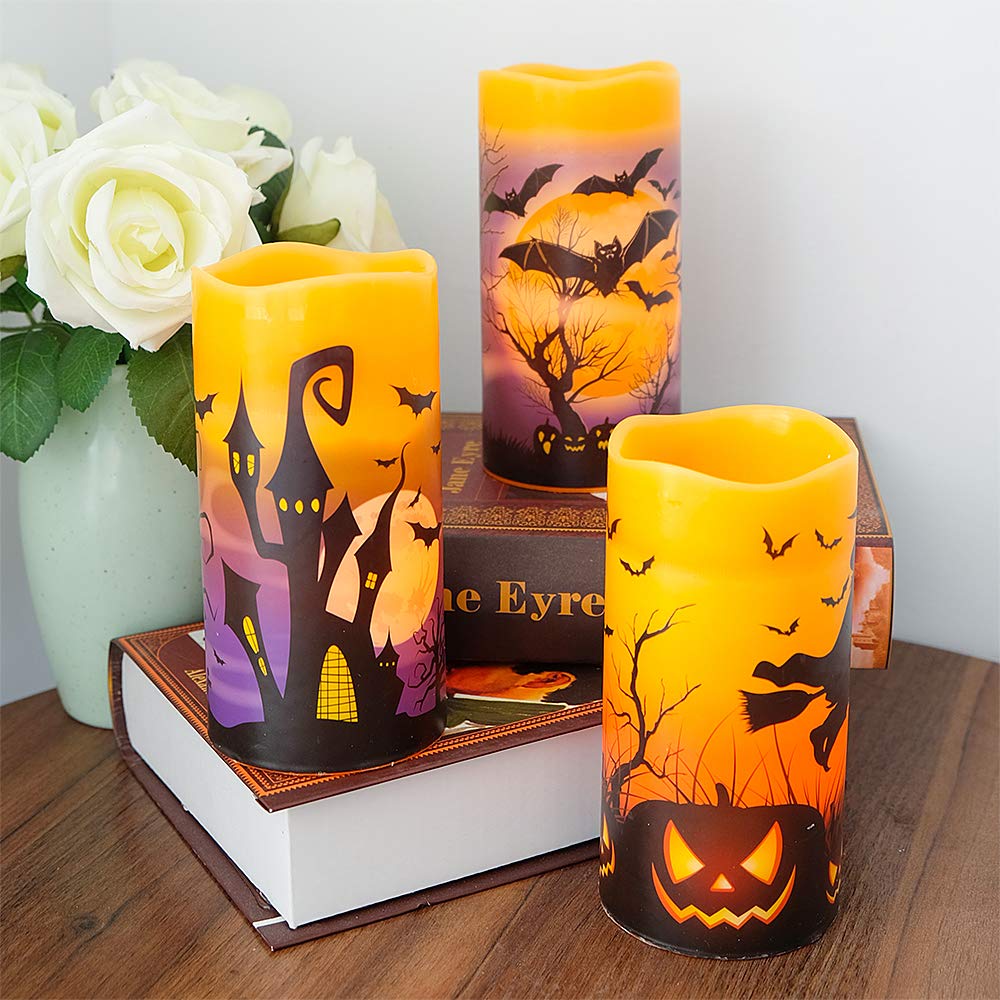 DRomance Flameless Candles Battery Operated with 6 Hour Timer, Halloween Decals Real Wax LED Flickering Pillar Candles Set of 3 Indoor Halloween Window Table Decor(3 x 6 Inches)