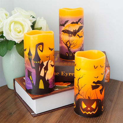 DRomance Flameless Candles Battery Operated with 6 Hour Timer, Halloween Decals Real Wax LED Flickering Pillar Candles Set of 3 Indoor Halloween Window Table Decor(3 x 6 Inches)