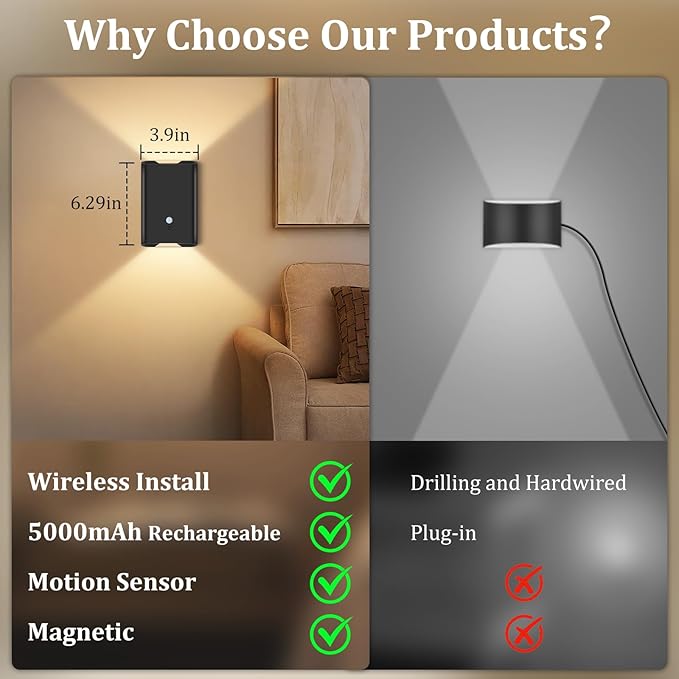 Battery-Operated Motion Sensor Wall Light: 5000mAh Rechargeable Wall Sconce Set of 2 Motion Sensored Closet Light Magnetic Stair Lights Indoor Wireless Wall Sconces Night Light for Bedroom Hallway