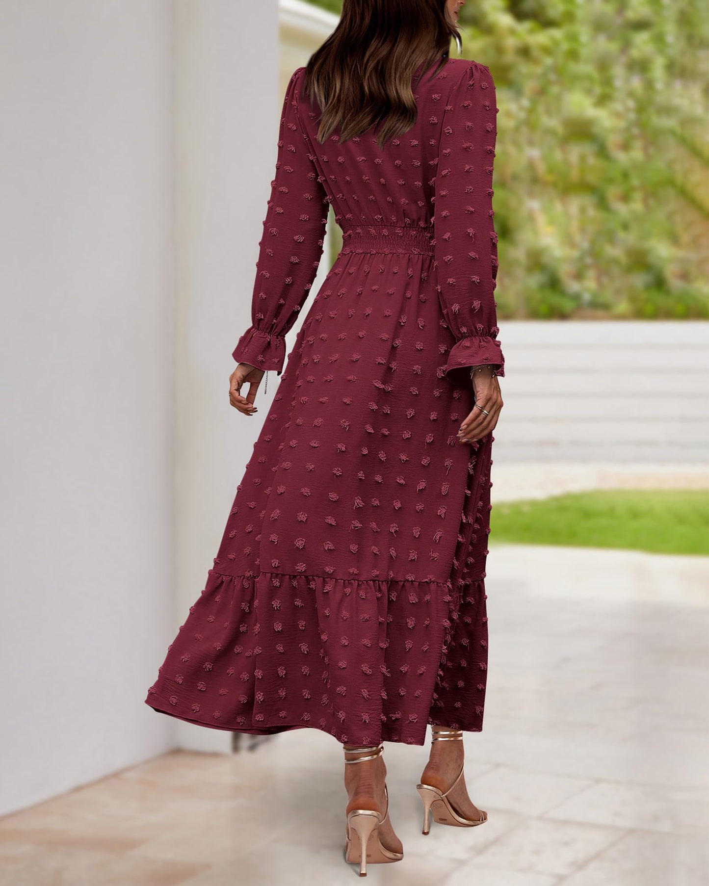 BTFBM Women Fall Maxi Dresses 2025 Long Sleeve V Neck Swiss Dots High Waisted A-Line Ruffle Boho Long Dress Vacation(Wine Red,Small)
