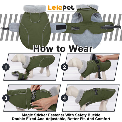 Lelepet Warm Coats and Jackets for Dogs, Waterproof Winter Dog Coat for Cold Weather, Reflective Dog Puffer Jacket, Fleece Lining Pet Coat with Harness Hole for Large Dogs, ArmyGreen XL