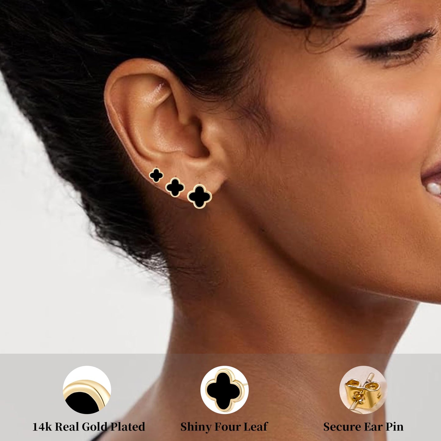 Clover Earring 3 Pair Small Clover Stud Earrings for Women Four Leaf Hypoallergenic Earrings Sensitive Ears for Birthday Christmas Anniversary Lucky Gifts (Gold Clover Stud Earrings/Black)