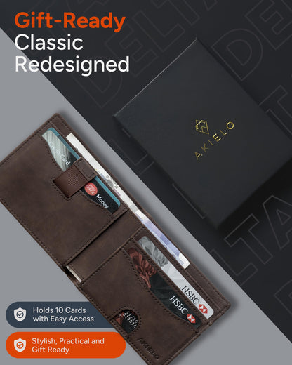 AKIELO RFID Blocking Bifold Card Wallet with Zip Coin Pocket and Gift Box – Stylish Mens Wallet – Credit Card Holder Wallets for Men (Delta - Dark Mocha Zip Edition)