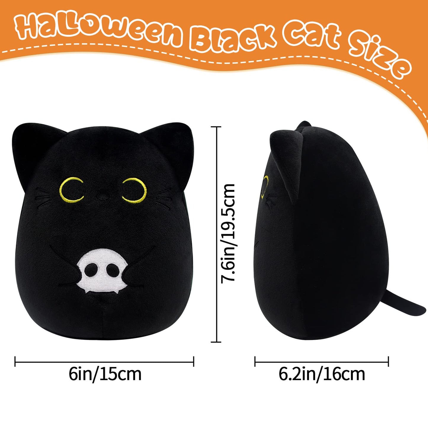 KOPHINYE Black Cat Plush, 6inch Halloween Stuffed Animal Skeleton Black Cat Plushie, Kawaii Kitten Stuffed Cat Doll Toy for Kids, Boys and Girls, Women