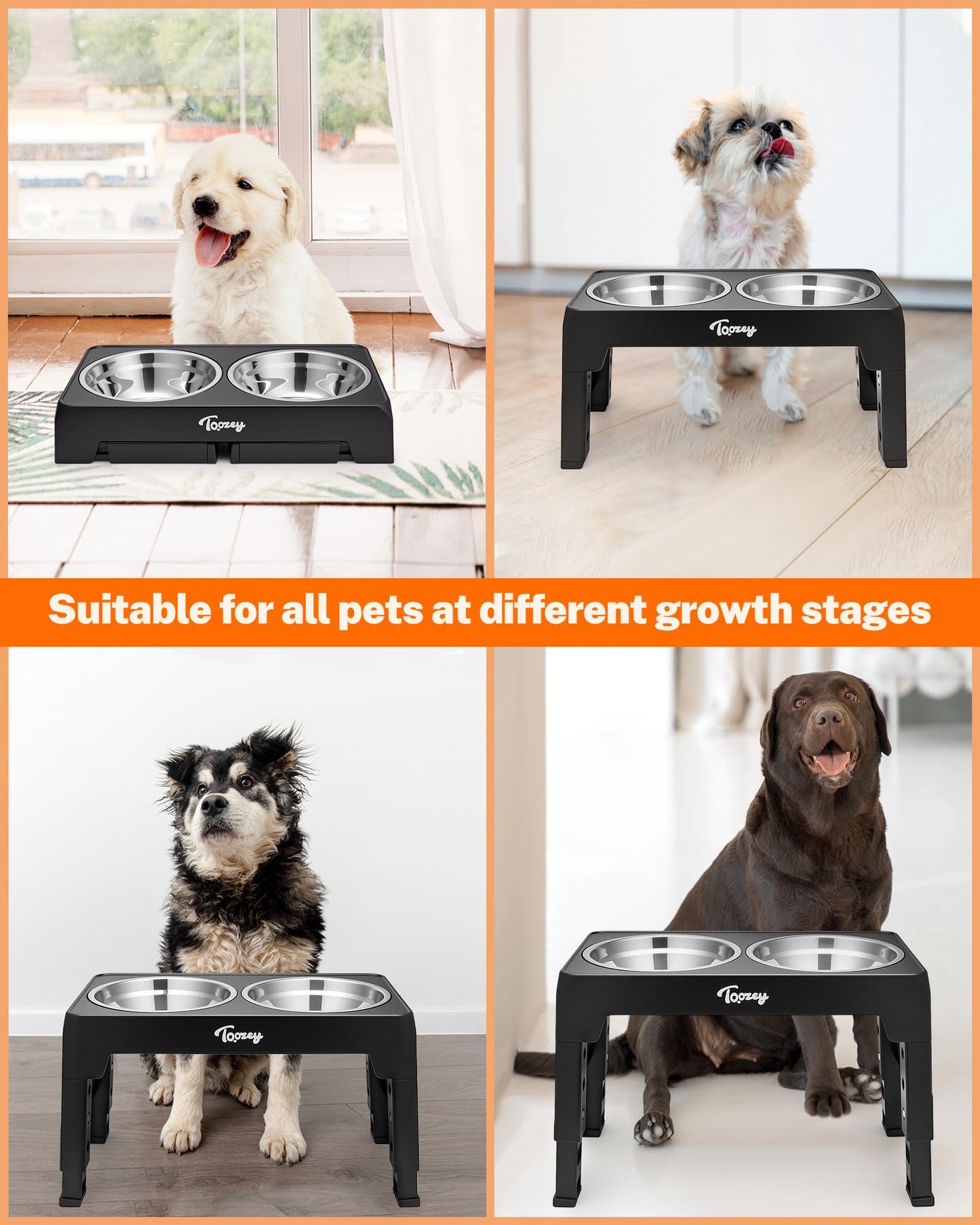 Toozey Raised Dog Bowl Height-Adjustable, Elevated Dog bowls with 2x 1200ml Stainless Steel Bowls, for Small Medium & Large Dogs, Non-Slip and No Spill, Black