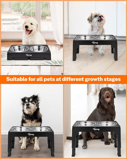 Toozey Raised Dog Bowl Height-Adjustable, Elevated Dog bowls with 2x 1200ml Stainless Steel Bowls, for Small Medium & Large Dogs, Non-Slip and No Spill, Black