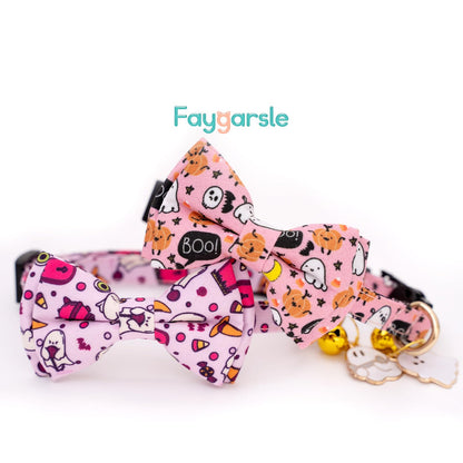 Faygarsle 2 Pack Breakaway Cute Halloween Cat Collar Collection Ghosts Pattern with Bell for Kittens Female Male Cats Seasonal Holiday Bowtie Fall Cat Collar Pink Purple